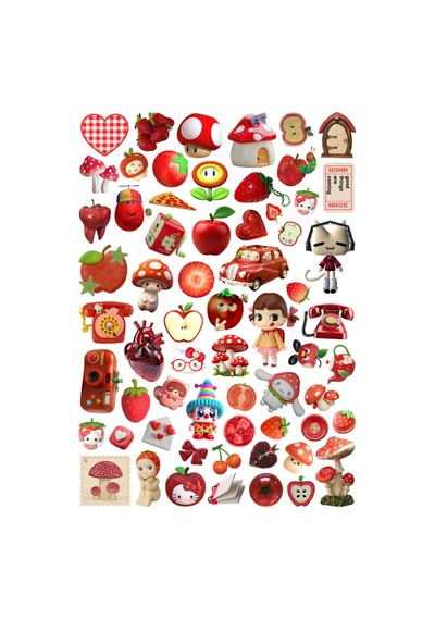 63 Adet Juminocore Kırmızı Çilek Temalı Sticker Seti - Etiket Seti Scrapbook Bullet Journal