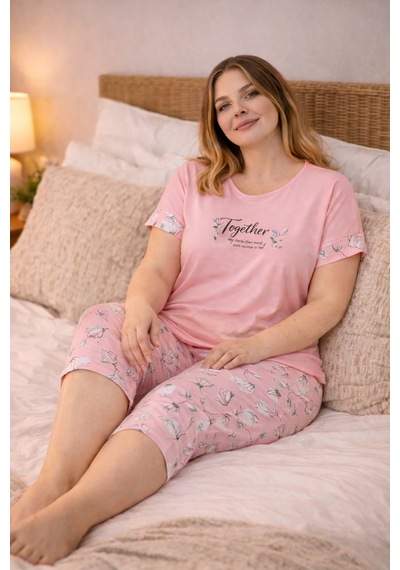Nisanca Kadın Büyük Beden Kapri Pijama Takımı Yumuşak Dokulu, Konforlu Ev Giyimi Pudra