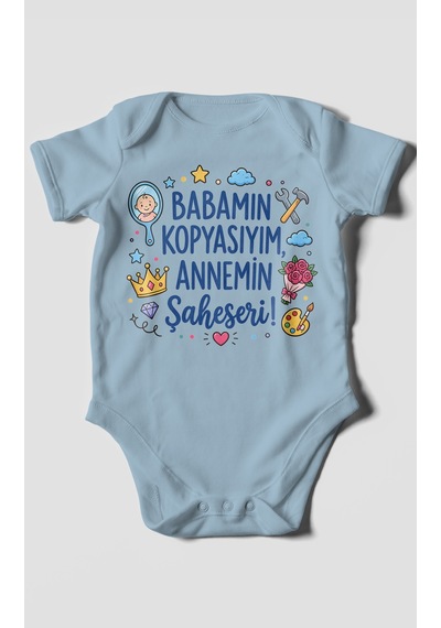 Morivokids Babamın Kopyasıyım Annemin Şaheseri Kısa Kollu Bebek Body %100 Pamuk Bebe Mavisi