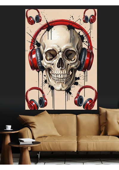 Ahşap Tablo Kulaklıklı Kafatası Müzik Aşkı