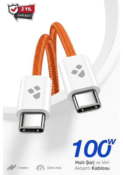 100w Destekli Usb-c To Usb-c Hızlı Şarj Ve Yüksek Hızlı Veri Aktarım Kablosu 1 Metre 100cm