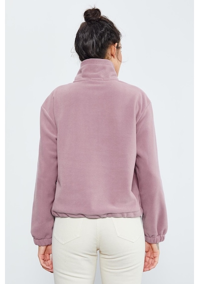 Tommy Life Gül Kurusu Yarım Fermuar Etek Ucu Büzgülü Kadın Polar Oversize Sweatshirt - 97171 Gülkurusu