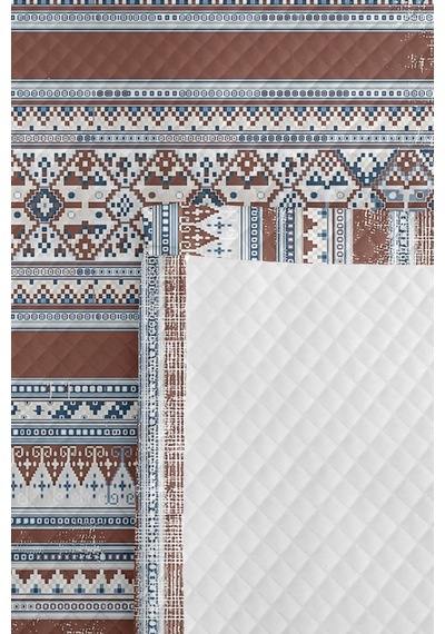 Etnik Geometrik Kahverengi Pike Takımı - Bohem Çizgili Mavi Bej 160x220 Cm Kapitone Yatak Örtüsü Lavantaımsı Koru Havası