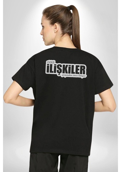 Ciddi İlişkiler Şarjımdan Önce Bitiyor Yazılı Pamuklu Unisex Oversize Sırt Dijital Baskılı Siyah T-shirt Siyah