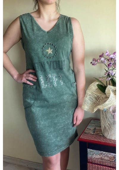 Mia Butik Kadın İtalyan Yıkamalı Kolsuz Haki Elbise-677 Haki