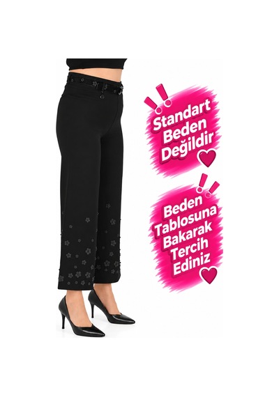 Zanessi Büyük Beden Kadın Yüksek Bel Kemerli Çiçek Desenli Geniş Paça Pamuklu Likralı Bilek Boy Pantolon Siyah 42-48 Beden Zanessi Büyük Beden Kadın Yüksek Bel Kemerli Çiçek Desenli Geniş Paça Pamuklu Likralı Bilek Boy Pantolon Siyah 42-48 Beden
