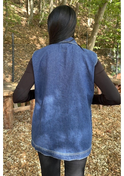 WeShaya Mavi Denim Kolsuz, Düğmeli, Geniş Cepli Uzun Kot Yelek Mavi