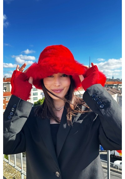 Mollycrush Kadın Kırmızı 2 Li Peluş Bucket Şapka Eldiven Trend Premium Set Kırmızı