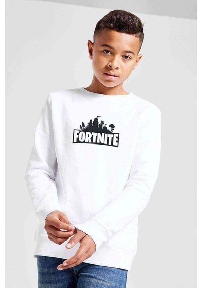 Tshirthane Fortnite Logo Baskılı Unisex Çocuk Beyaz Sweatshirt Beyaz