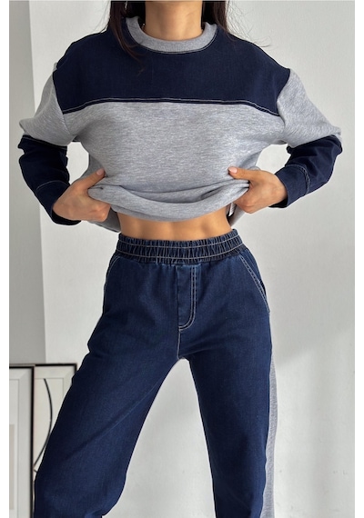 Femelle Beli Lastikli Denim Alt-üst Takım gri