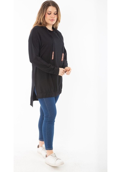 Şans Kadın Büyük Beden Siyah Arkası Uzun Yan Yırtmaçlı Kapşonlu Sweatshirt 65n37310-siyah Siyah
