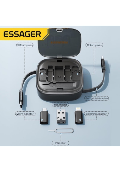 Essager 7in1 60w Çekilebilir Type C, Micro, Apple Uyumlu iPhone  Lightning Kablolu, Dönüştürücü, Sim Aparatlı Seyahat Seti