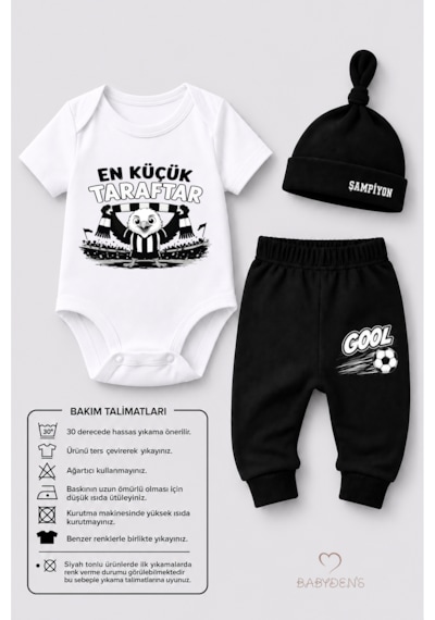 Babyden's %100 Pamuk Siyah Beyaz En Küçük Taraftar Bebek Takımı 3'lü Kısa Kol Body,pantolon Ve Şapkalı Yenidoğan Seti 0-9 Ay Beyaz - Siyah