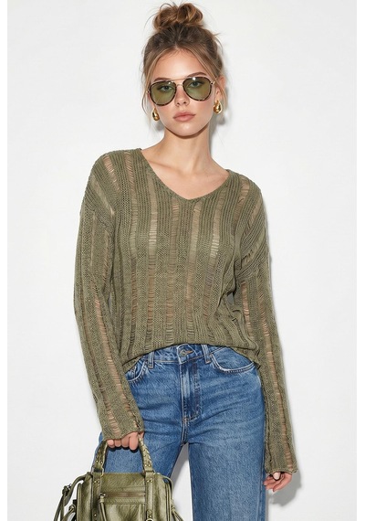 Shade Kadın Ajurlu Salaş Merserize Premium Triko Bluz Tk261051 60286233 - Açık Yeşil