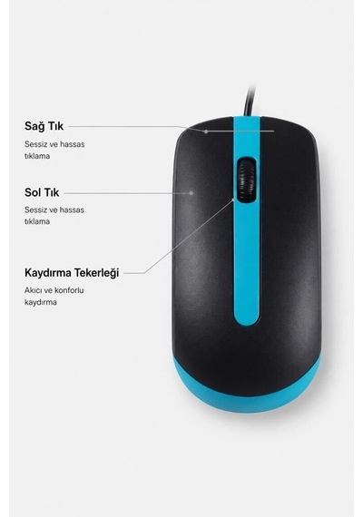Aksesuar Bilgisayar Günlük Mouse Optik Sessiz Ve Ergonomik Tasarım Kablolu Fare Tm06 Mavi