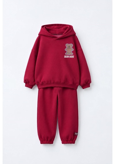 Magu Çocuk Ayıcık Baskılı Bordo Kapüşonlu Sweatshirt Ve Eşofman Altı Takımı Çok Renkli