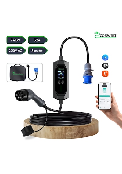 Coswatt Taşınabilir EV Şarj Cihazı CS-P1-32A / 7.4kW / 8m / Türkçe / 220V AC / Tip-2 / 3x32A CEE / Ev Tipi Dönüştürücü / Çanta