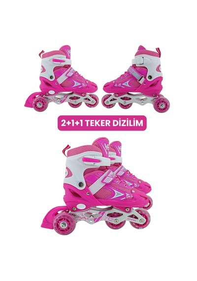 Vr1 - Metal 2+2 Işıklı 3in1 Ayarlanabilir Çocuk Pateni 2+1+1 / 2+2 Silikon Tekerli Uç Korumalı Pembe