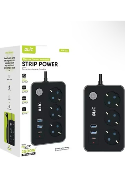 Termal Akım Korumalı 3'lü Priz 2 Metre - 2 Usb + 1 Type-c Hızlı Şarjlı Çoklu Priz 2500w Ftr-02 Blic 2 m
