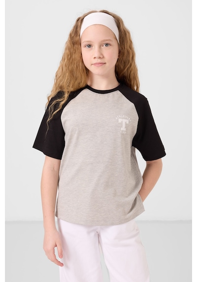 Gri Melanj O Yaka Pamuklu Baskılı Oversize Fit Kız Çocuk T-shirt - 75179 Gri Melanj