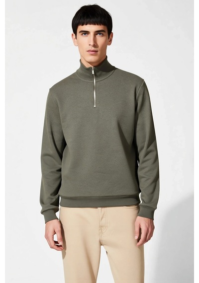 Benerly Erkek Dik Yaka Standart Kol Regular Kalıp Sweatshirt Fonksiyonel Haki