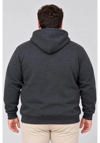 Butik İstanbul Erkek Battal Büyük Beden Üç İplik İçi Şardonlu Kapüşonlu Kanguru Cepli Kışlık Sweatshirt - Füme