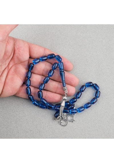 Sıkma Kehribar Kapsül Kesim Alpaka Püsküllü 7x11mm Tesbih Mavi