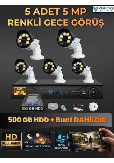 5 Kameralı Set 500 Gb Hdd Full Hd Gece Görüşlü Güvenlik Kamerası Sistemi-sabit İp Gerektirmez-
