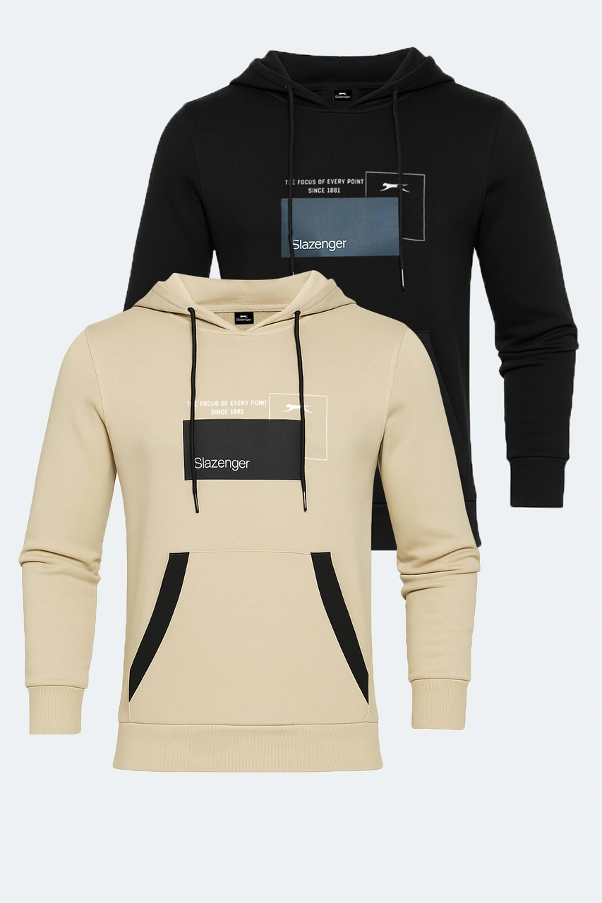 Slazenger Vanda 2 Li Set Erkek Kanguru Cepli Kapüşonlu Siyah - Bej Sweatshırt Siyah - Bej