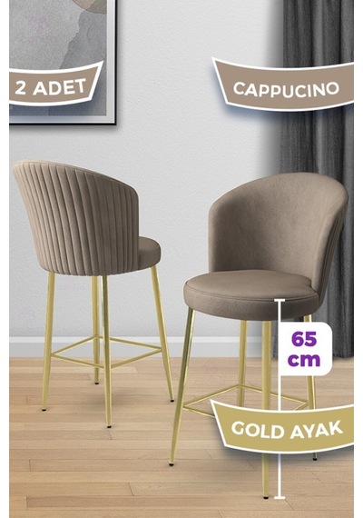 Canisa Alte Serisi 2 Adet Babyface Kumaş 65 Cm Gold Kaplama Ayaklı Cappucino Bar Sandalyesi Cappucino Sandalye Gold Kaplama Ayak