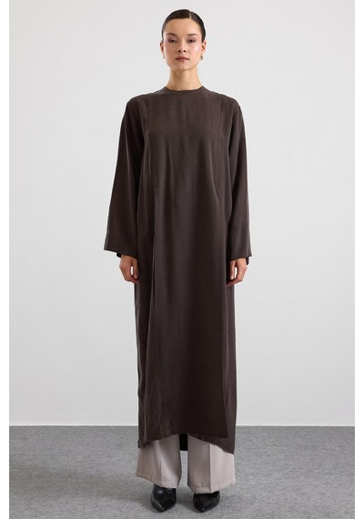 Olcay Derin Yırtmaçlı Oversize Uzun Tunik Kahve 9838