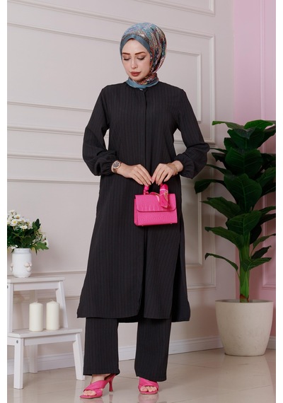 Sevitli Yırtmaç Detaylı Tunik Pantolon Takım-siyah-4860