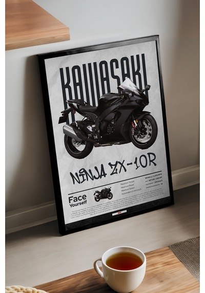 Kawasaki Ninja Zx-10r Siyah Ahşap Çerçeveli Poster, Dekoratif Motosiklet Duvar Tablosu
