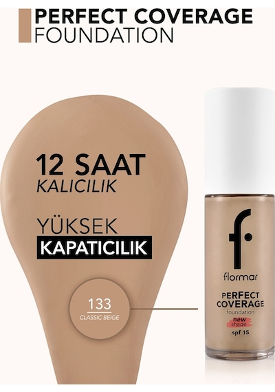 Flormar Perfect Coverage Yoğun Kapatıcı Su Bazlı Fondöten (Sıcak Alt Ton) -133 Classic Beige -8682536070591