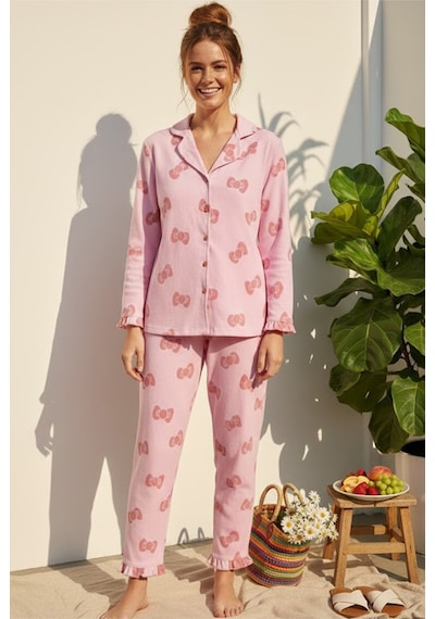 Siyah İnci Bürümcük-krınkıl Uzun Kollu Düğmeli Pijama Takım 7993 Fiyonk