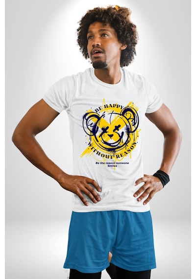 Sebep Olmadan Mutlu Ol Unisex Unisex Beyaz Organik Baskılı T-shirt Penye Yüksek Kalite Beyaz