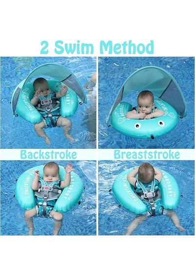Mambobaby Yüzme Simidi - Blue Fish, Emniyetli, Gölgelikli Ve Ayak Destekli