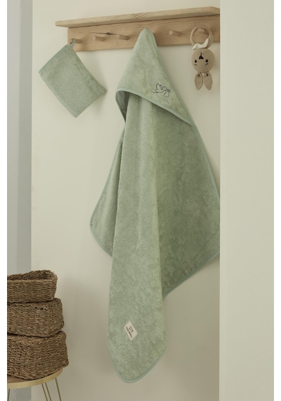 Bambu Antibakteriyel Bebek Nakışlı Havlu Kundak 75x75 Ve Kese Yeşil