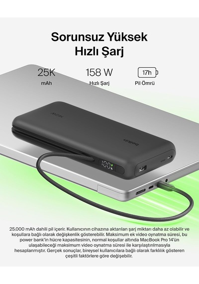 Belkin Ultracharge Pro 25000 Mah Dijital Ekranlı, 1 X Usb-c Bağlantı Noktası + Entegre Kablo, 1 X Usb-a, 158 W Pd, Powerbank Siyah Belkin Ultracharge Pro 25000 Mah Dijital Ekranlı, 1 X Usb-c Bağlantı Noktası + Entegre Kablo, 1 X Usb-a, 158 W Pd, Powerbank Siyah