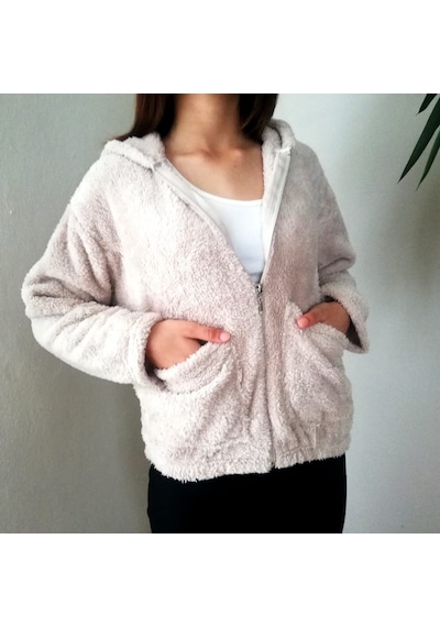 Yumuşacık Peluş Kapşonlu Fermuarlı Sweatshirt Hırka Taş Renk Çok Renkli
