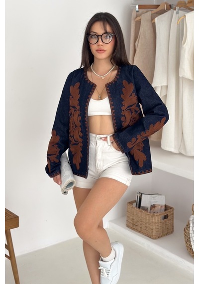 Femelle Kadın Lacivert Vintage Nakışlı Kot Denim Ceket Kahverengi