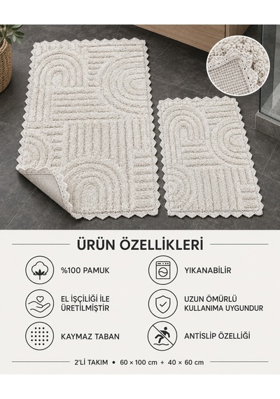 Alanur Bodrum Tufting Cotton Pamuklu El Işi Örgülü 2 Li Paspas 113 Bej