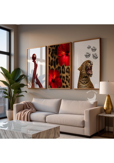 3 Lü Pop Art Çerçevesiz Poster Seti Leopar Çiçek Topuklu Ayakkabı Dudak Desenli Retro Vintage Duvar Dekoru