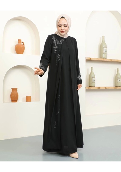 Nevayla Moda Büyük Beden Taş Detaylı Anne Elbisesi - Siyah / E0129 Siyah