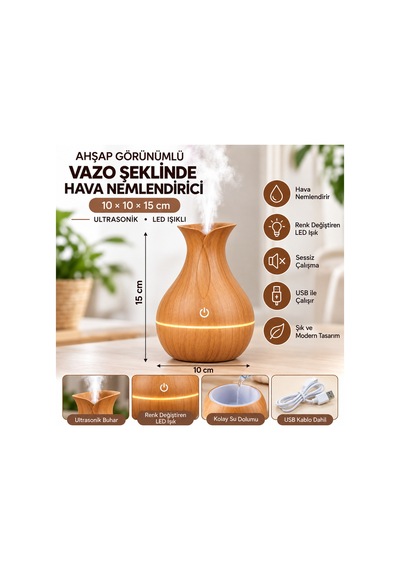 Ahşap Görünümlü Ultrasonik Hava Nemlendirici Aroma Difüzör Led Işıklı Usb Vazo Açık Kahve-şarjlı Açık Kahve