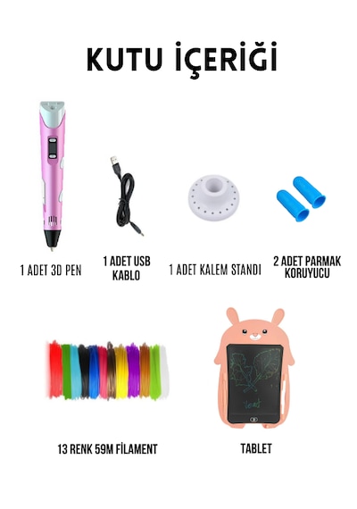 Orh Market 3d Kalem 3d Pen Usb Kablolu Üç Boyutlu Yazıcı Kalem Printer Ve Pembe Tavşan Grafik Tablet Set - Pembe