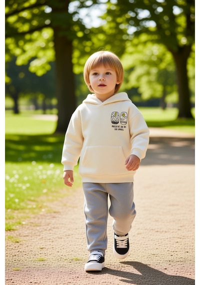Ersefa Oversize Kesim Erkek Çocuk Kapüşonlu Sweatshirt Ve Eşofman Takımı Ekru