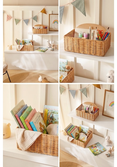 Ocean Home Textile 2'li Çocuk Odası Yıkanabilir Bej Pp Rattan Sepet Set 33 X 23 X 11 / 39 X 29 X 13 Cm