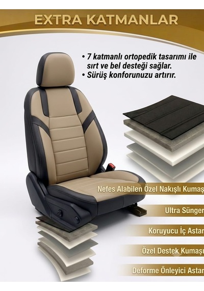 Monza Bej Siyah Serisi Üniversal Oto Koltuk Kılıfı Ön Arka Koltuk Tam Set