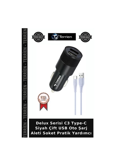 Delux Serisi C3 Type-c Siyah Çift Usb Oto Şarj Aleti Soket Pratik Yardımcı